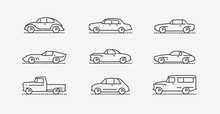 Car Retro Icon Set. Transportation Symbol In Linear Style. Vector Illustration