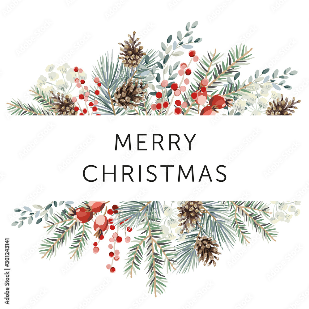 Winter nature design frame, text Merry Christmas, white background. Green pine, fir twigs, cones, red berries. Vector illustration. Greeting card, poster template. Xmas holidays - obrazy, fototapety, plakaty 