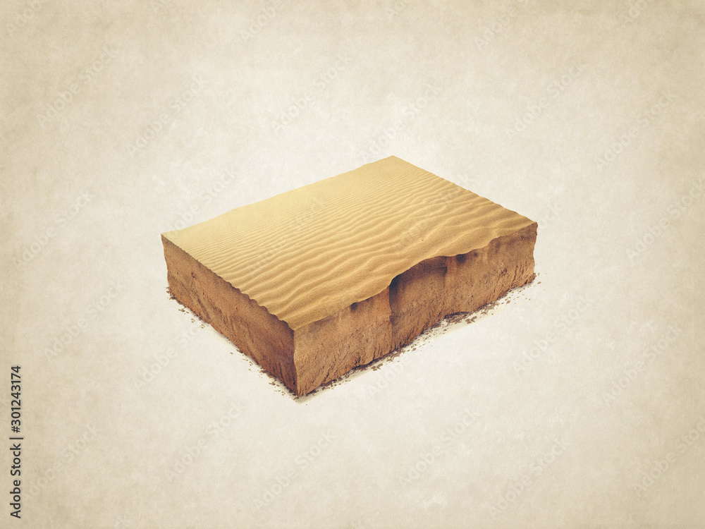 realistic 3D rendering slice sand cube, cross section. Isolated ...