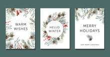Christmas Nature Design Greeting Cards Template, Circle Frame, Text Hello Winter, Warm Wishes, Merry Holidays, White Background. Green Pine, Fir Twigs, Cones, Red Berries. Vector Xmas Illustration