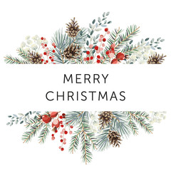 Wall Mural - winter nature design frame, text merry christmas, white background. green pine, fir twigs, cones, re