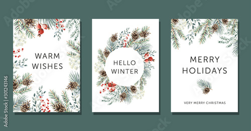 Cuadros en Lienzo Christmas nature design greeting cards template, circle frame, text Hello Winter, Warm Wishes, Merry Holidays, white background