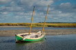 Small, beached green sailboat on Cape Cod