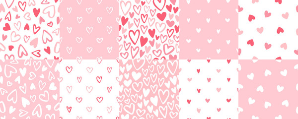 Cute doodle style hearts seamless vector patterns set. Valentine's Day handwritten background collection. Marker, brush drawn different outline heart shapes, silhouettes. Hand drawn ornamentation.