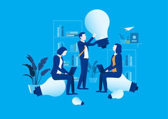 Fototapete - Idea work - three people working on ideas in office, business, big ideas, growth, cooperation, teamwork, success, vector illustration, holding lightbulb. meeting, workshop, growth hack, advertising.