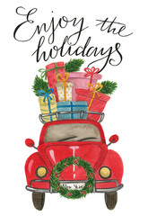 Watercolor red retro car with a Christmas wreath and a large number of multi-colored gifts and Christmas tree branches on the roof and handwritten lettering 