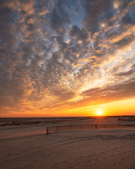 Wall Mural - Colorful high level clouds spread across the sky over a beach as the sun sets below the horizon. 