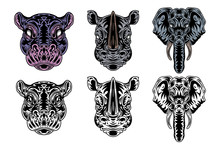 Animal Face Hippo, Rhino, Elephant Vintage Retro Styled. Vector Illustration Isolated On White Background. Design Element.
