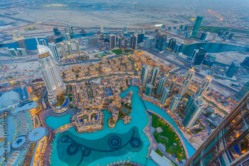 Aerial view of Downtown Dubai at the sunset Wallpaper Mural