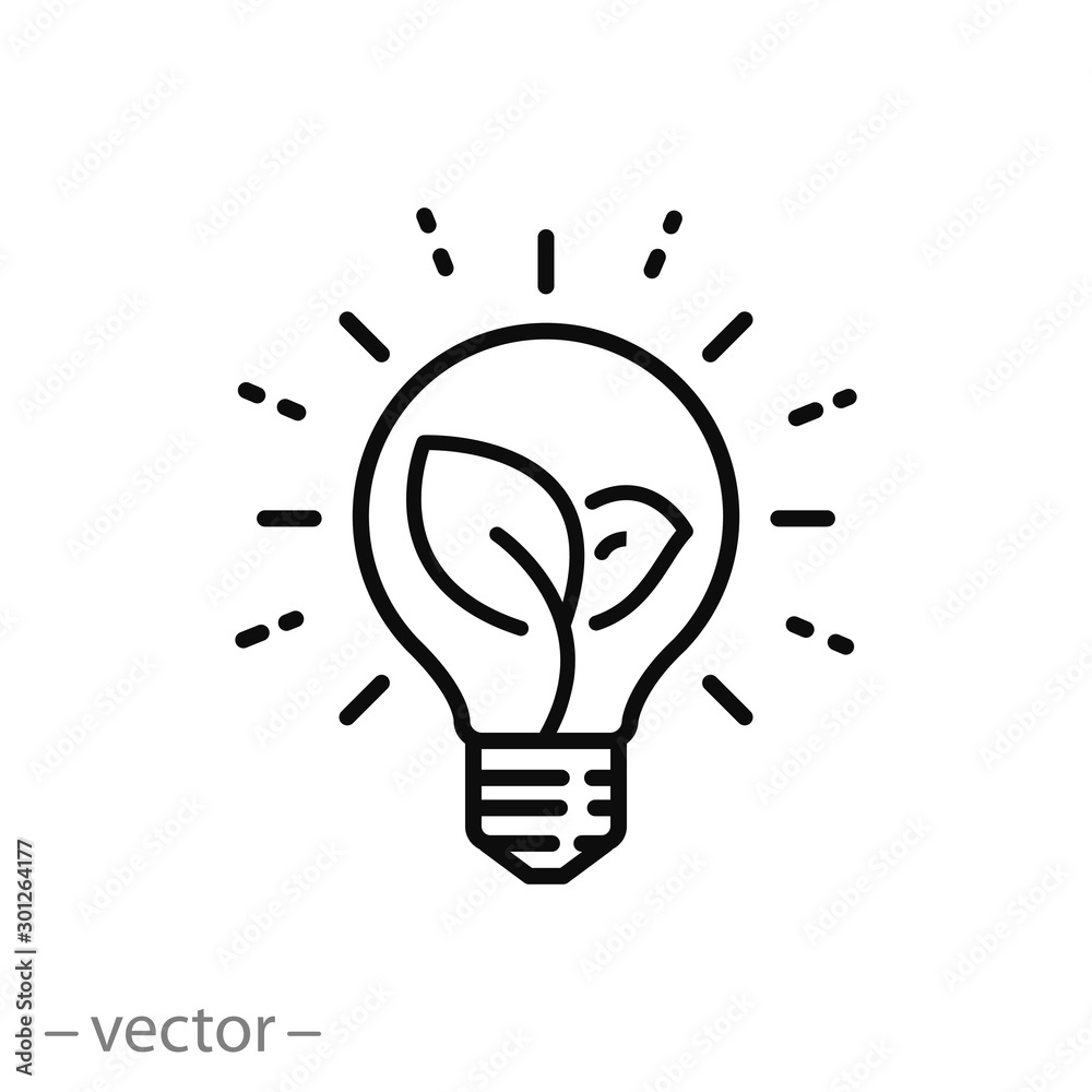 sustainable ecological energy icon, creative lamp, light bulb nature, plant in the bulb, thin line web symbol on white background - editable stroke vector illustration eps 10 - obrazy, fototapety, plakaty 