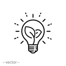 Sustainable Ecological Energy Icon, Creative Lamp, Light Bulb Nature, Plant In The Bulb, Thin Line Web Symbol On White Background - Editable Stroke Vector Illustration Eps 10