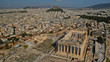 Aerial drone photo of iconic Acropolis hill, Propylaia main gate and the Parthenon, Athens historic centre, Attica, Greece