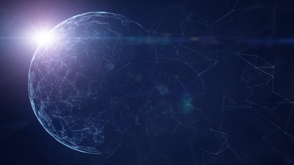 Wall Mural - futuristic cyberspace network globe rotation with lines, dots and sunlight motion, view from space. 