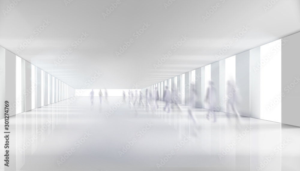 People walking down the shopping gallery corridor. Long hall. Underground passage. Vector illustration. - obrazy, fototapety, plakaty 