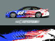Car wrap decal designs. Abstract american flag and sport background for racing livery or daily use car vinyl sticker. Full vector eps 10.