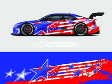 Car Wrap Decal Designs. Abstract American Flag And Sport Background For Racing Livery Or Daily Use Car Vinyl Sticker. Full Vector Eps 10.