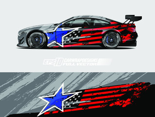 Wall Mural - Car wrap decal designs. Abstract american flag and sport background for racing livery or daily use car vinyl sticker. Full vector eps 10.