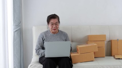 Wall Mural - Asian senior woman in drinking coffee in living room