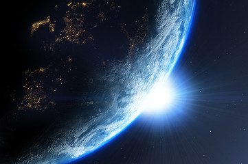 Wall Mural - earth planet with sun viewed from space , 3d render of planet earth, elements of this image provided