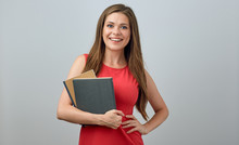 Happy Woman In Red Dress Holding Book.
