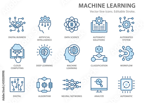 Cuadros en Lienzo Machine learning line icons set