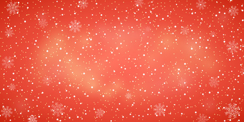 Wall Mural - Snow red background. Christmas snowy winter design. White falling snowflakes, abstract landscape. Cold weather effect. Magic nature fantasy snowfall texture decoration Vector illustration