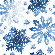 Snowflakes With A Watercolor Texture. Celebratory Background Can Be Used For Graphic Designs Christmas, Invitations And Greeting Cards, Photo Frames, Posters, Winter Holidays. Seamless Pattern.
