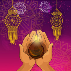 Sticker - Human Hand with Oil Lamp for Diwali celebration.