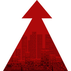 The growth of modern cities. Urbanization. Red arrow with skyscrapers silhouettes. City landscape. Vector element for banners, charts, infographics and your design.