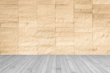 Wall Mural - Yellow beige rock tile wall with wooden floor in light grey white for interior background