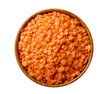 Red split lentil in wooden bowl isolated on white background