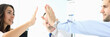 © Тихон Купревич - Portrait of smart businesspeople reaching arms performing special friendly gesture to show happy attitude to work and collective. Biz meeting concept. Blurred background