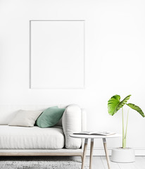 Stylish modern interior with mock up poster frame , white sofa, green plant, white decoration, Ready to use, Template, trendy home decor.