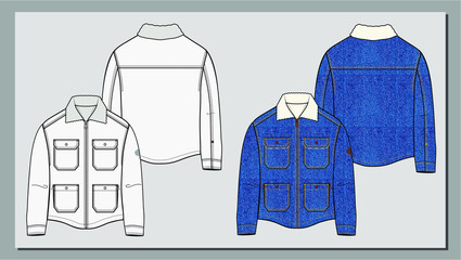 Denim jacket sketch vector draw. Padded jeans jacket mid blue washed. Four pockets winter jacket.	