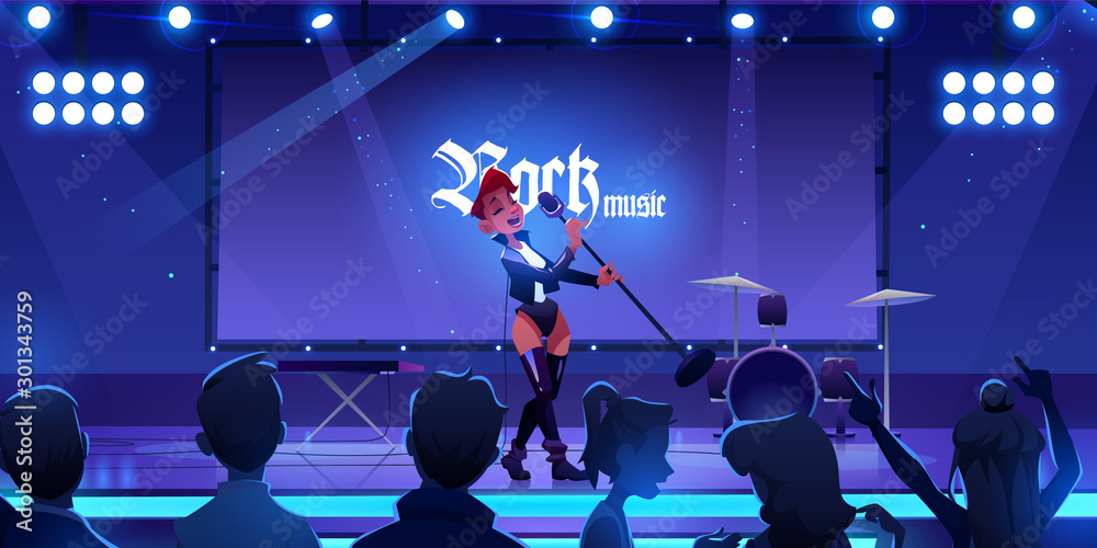 Singer on stage performing rock music concert. Woman singing song on scene with microphone, people fans watching show with live instruments, equipment and illumination. Cartoon vector illustration - obrazy, fototapety, plakaty 