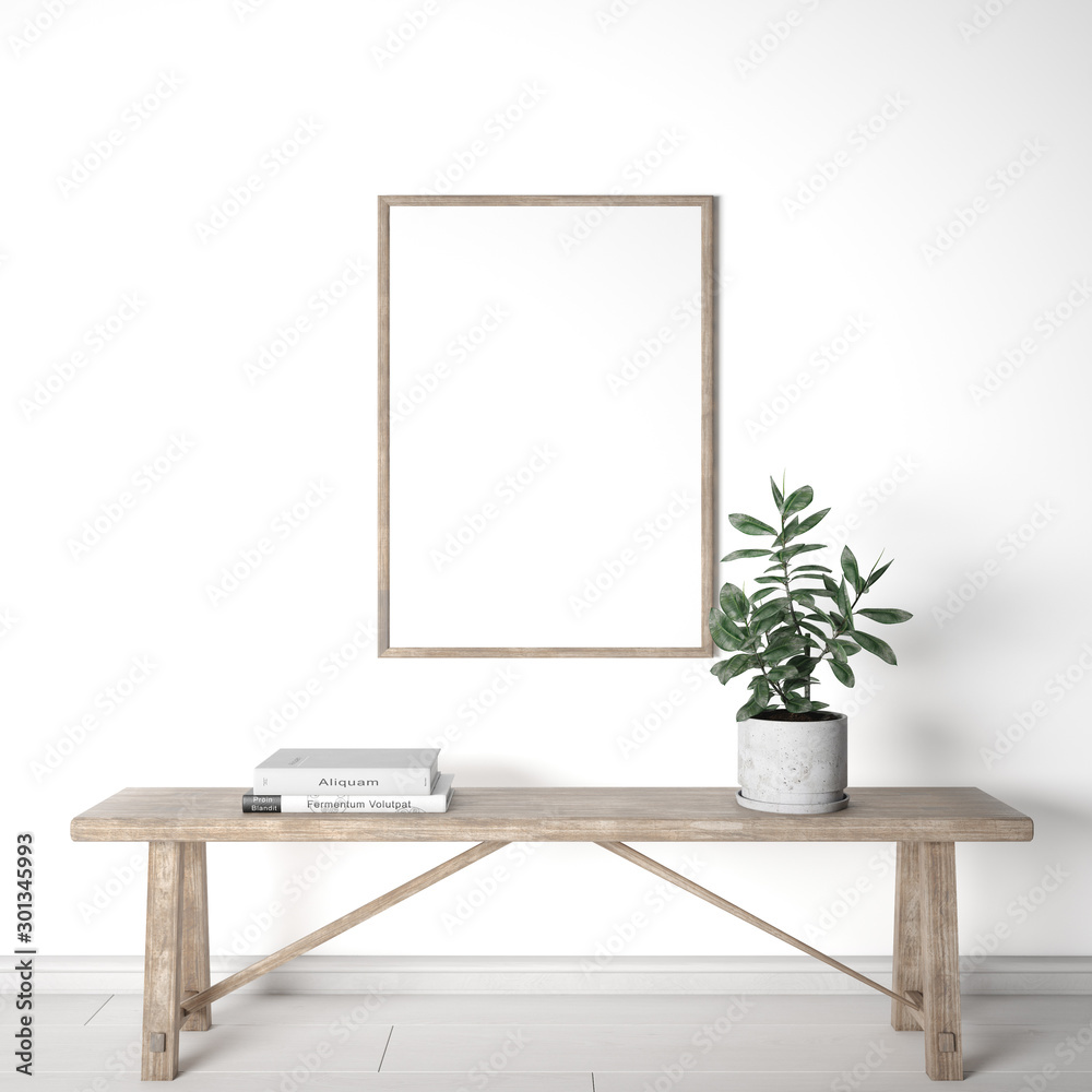mock up home interior, farmhouse bench with white background, Wooden frame, 3D rendering , 3D illustration  - obrazy, fototapety, plakaty 