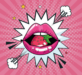 Sticker - lips with strawberry pop art style