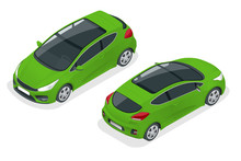 Isometric Car Green Hatchback 3-door Icon. Car Template On White Background. Hatchback Isolated.