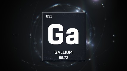 3D illustration of Gallium as Element 31 of the Periodic Table. Silver illuminated atom design background with orbiting electrons. Design shows name, atomic weight and element number