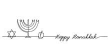 Happy Hanukkah Menorah, David Star, Dreidel Minimal Vector Background With Lettering Happy Hanukkah And Copy Space. One Continuous Line Drawing.