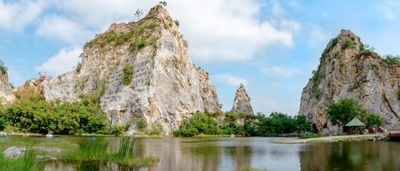 panoramic landscape nature of Khao Ngoo Rock Park with blue sky background in Ratchaburi, Thailand.