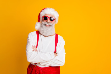 2020 christmas celebration. Funny funky santa claus hipster in red hat cross hands enjoy x-mas newyear festire noel party isolated over bright color background