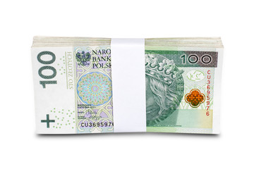 Polish 100 zloty bunch banknotes isolated. Clipping path included.