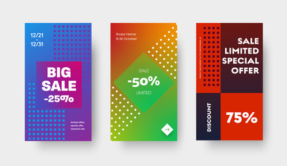 Poster - Design set of vector color gradient banners for mobile applications, stories  and social media.Template with a square and a rhombus and a discount of 25, 50 and 75% on a big sale, special offers.