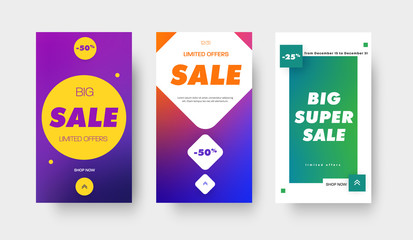 Poster - Set of vector color gradient banners with square, circle and rhombus and 25 and 50% discount for big sale, special offers. Design template for mobile applications, stories and social media.