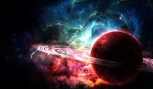 Red Planet From Space And Bright Color Nebula In The Night Sky, Abstract Space Illustration