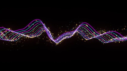 Fototapete - 3d render loop animation of wavy strings with a lot of shiny particles. Render with depth of field.