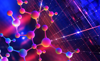 Poster - Neon molecular mesh design. Digital nanostructure. Purple ultraviolet. 3D illustration of an abstract colorful molecule