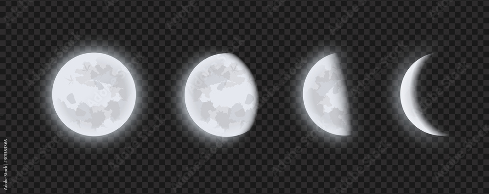 Moon phases, waning or waxing crescent moon on transparent checkered background. Lunar eclipse in stages from full moon to thin moon, realistic vector illustration. - obrazy, fototapety, plakaty 