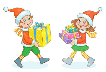 Canvas Print - New Year delivery. Cute girl and funny boy in Santa costumes go towards each other with gift boxes in their hands. In cartoon style. Isolated on white background. Vector illustration.